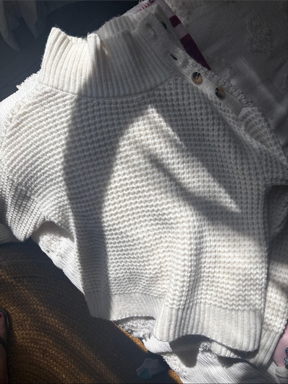 Ann Taylor Cream Short-Sleeve Turtleneck Sweater with Shoulder Buttons